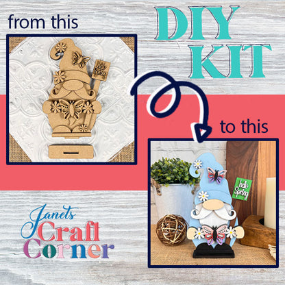 Design a lively Spring Butterfly Gnome with this DIY craft kit from Janet's Craft Corner. Turn simple wooden pieces into an enchanting figure featuring a blue hat, butterfly accents, and a "Hello Spring" sign. It's an ideal way to bring a whimsical flair to your home décor.