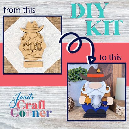 An image of the Cowboy Gnome craft kit illustrates a progression from the raw wooden pieces on the left to a beautifully painted creation on the right. With "from this" and "to this" text directing the transformation, infuse your space with farmhouse style flair. The banner at the bottom proudly features Janet's Craft Corner.