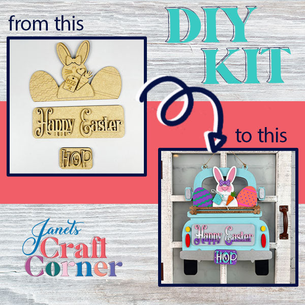 Transform raw wooden cutouts into vibrant, interchangeable home decor with the Easter Bunny Interchangeable Insert DIY home decor kit from Janet's Craft Corner. This kit features an Easter Bunny in a truck with "Happy Easter Hop" and the brand name at the bottom.