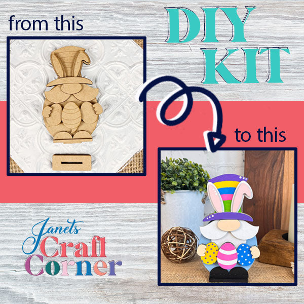 Janet's Craft Corner presents a delightful DIY kit that includes a before-and-after image of a wooden Easter bunny craft. Displayed on the left is an unfinished cutout, while the right showcases a painted bunny adorned with a vibrant hat and Easter eggs. This enchanting piece complements your home décor when paired with Janet's Craft Corner's Easter Egg Gnome on any wooden surface.