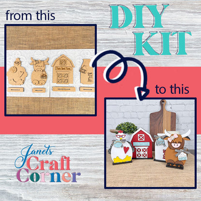 A display for the Farm Standing Shelf Sitter features a "from this" section with wooden cutouts of farm animals and a barn laid out on a table. The "to this" section showcases the fully assembled and painted figures, including a cow, chicken, and barn, which bring a rustic charm to any kitchen decor. Branded with Janet's Craft Corner logo for all your farmhouse decorating needs.