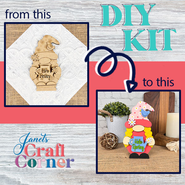 Transform a simple wooden cutout into a vibrant piece of Spring decor using our "Hello Spring Girl Gnome" DIY kit. Featuring flowers and the cheerful "Hello Spring" text, this kit from Janet's Craft Corner is perfect for adding a splash of color to your home.