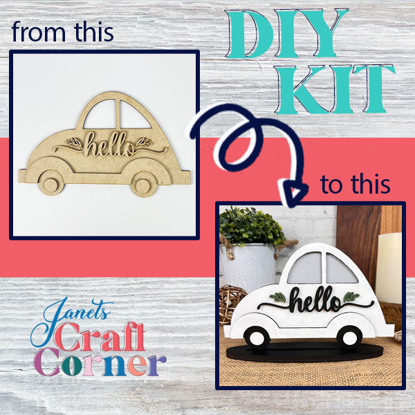 Create your own farmhouse decor piece with the "Hello Volkswagen" DIY kit from Janet's Craft Corner. The image showcases the transformation of a plain wooden Volkswagen featuring an engraved "hello" to a beautifully painted version in black and white, accented with green leaves. An arrow points between images, illustrating the text "from this to this.