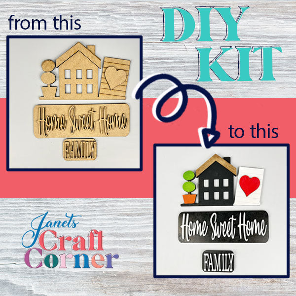 Transform plain wooden house and text cutouts reading "Home Sweet Home Family" into a charming painted masterpiece with a black roof, green shrubs, and a red heart using the "Home Sweet Home Interchangeable Insert | DIY home decor kit" by Janet's Craft Corner. The design features arrows labeled "from this to this," adding a personalized touch to your home decor.