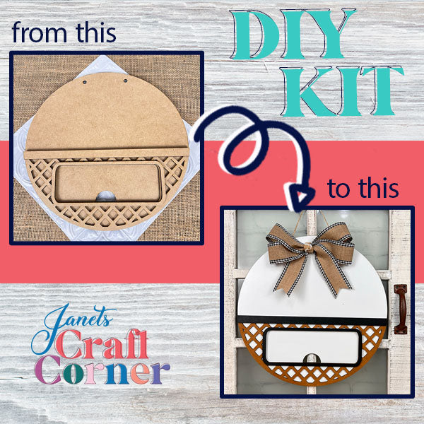 This DIY home decor kit, known as the Interchangeable Sign with Interchangeable Insert by Janet's Craft Corner, allows you to craft a round decorative wall piece featuring a lattice design. Transform it from a basic kit to a finished product by painting it white and adding a brown bow. It's an experience similar to creating an interchangeable door hanger: from "this" basic kit to "DIY KIT" to "this" beautifully completed project.