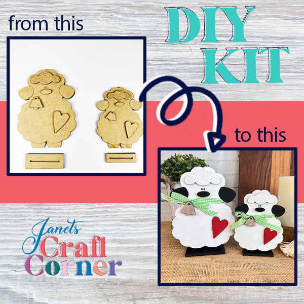 Introducing Janet's Craft Corner's Lamb Shelf Sitters DIY kit, which transforms plain wooden sheep cutouts into charming lamb figurines adorned with scarves and red hearts. The accompanying image illustrates the transformation with the text "from this to this," making these delightful creations perfect for home décor.