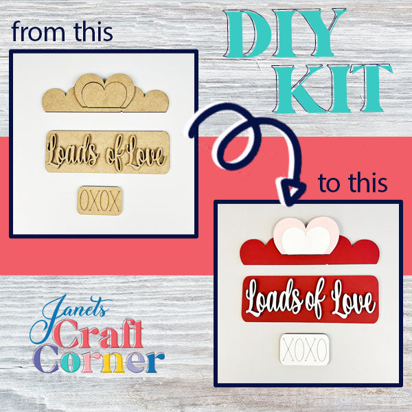 Explore the Loads of Love Interchangeable Insert DIY Home Decor Kit by Janet's Craft Corner, featuring a creative journey from simple raw wood cutouts displaying "Loads of Love" and "XOXO" into a delightful piece of home décor. Highlighted by vibrant reds, whites, and heart motifs, experience the evolution from start to finish with versatile inserts suitable for every occasion.