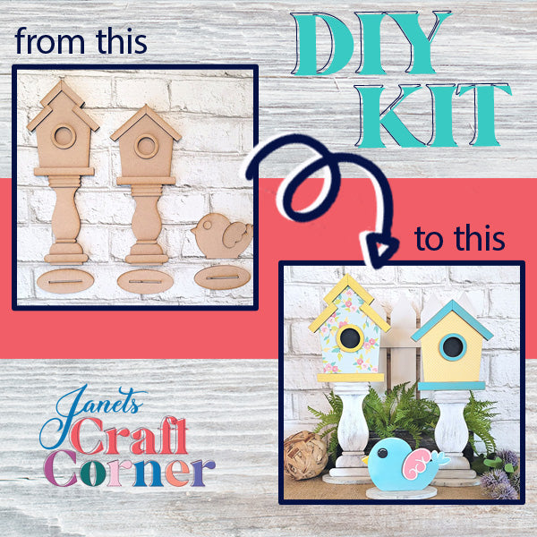 Unleash your creativity with "Spindle Birdhouses Shelf Sitter" from Janet's Craft Corner. This DIY kit allows you to transform simple wooden birdhouses into stunning works of art, featuring floral patterns and pastel colors. Perfect for brightening up your craft display, these colorful birdhouses will add a charming touch beneath the "Janet's Craft Corner" signage on a white brick wall.