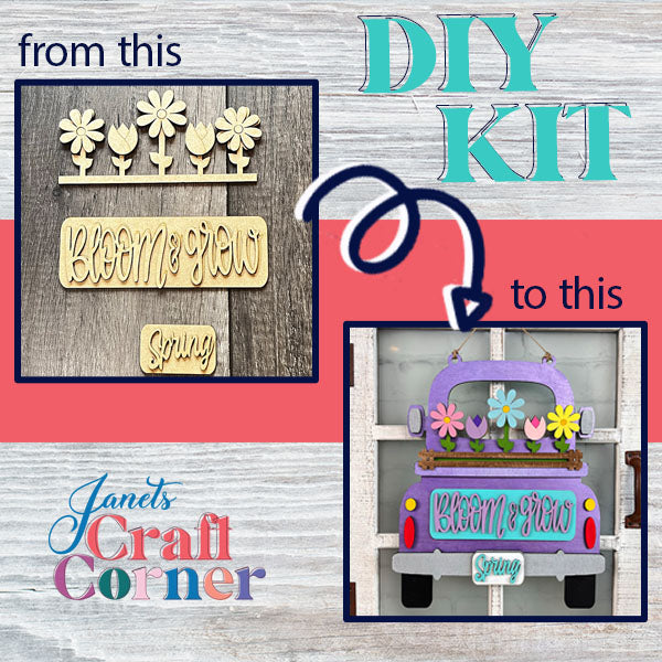 Discover the Spring Blooms Interchangeable Insert, a DIY home décor kit from Janet's Craft Corner. On the left, you'll find unassembled wooden pieces adorned with flowers, a "Bloom & Grow" sign, and a "Spring" tag. Once assembled on the right, you'll see a charming purple truck surrounded by vibrant flowers. An interchangeable insert completes this creative project for your home transformation.