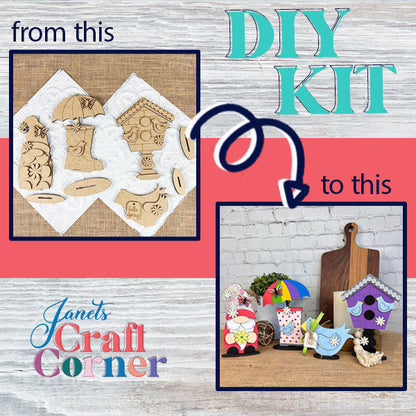 The DIY Kit transformation features unpainted wood shapes in the top image, evolving into a lively home décor scene with colorful decorations like a birdhouse and floral embellishments in the bottom image. Text: "From this... to this," as Janet's Craft Corner breathes life into Spring Standing Signs.