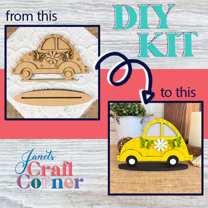 The DIY Kit from Janet's Craft Corner illustrates the transformation of a simple wooden Spring Volkswagen Shelf Sitter into an eye-catching home décor piece. This kit includes a vibrant, painted version in yellow with green and white accents and is adorned with decorative lettering that reads “from this” to “to this,” emphasized by an arrow.