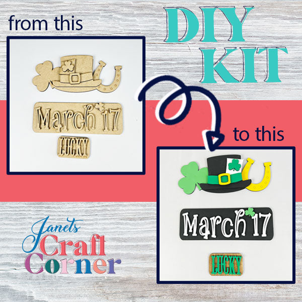 Two images demonstrate the remarkable transformation of Janet's Craft Corner's March 17 Interchangeable Insert from a plain beige DIY home decor kit into a lively masterpiece. Featuring a St. Patrick's Day theme with elements such as a leprechaun hat and "Lucky," this hand-painted piece transitions beautifully into colorful décor, making it perfect for celebrating on March 17.