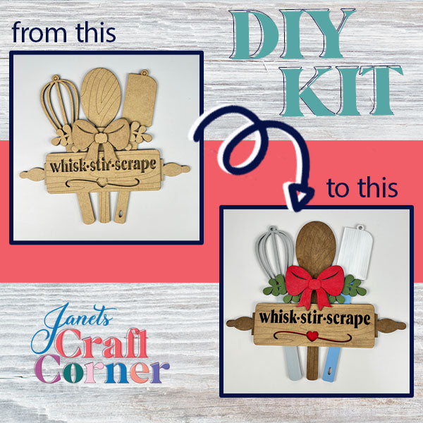 Check out the Whisk Stir Scrape Utensils Sign from Janet's Craft Corner, a DIY Kit that turns plain wooden kitchen utensil shapes into a charming decorative plaque. Featuring a whisk, stirring spoon, and rolling pin, it's elegantly accented with a red bow and heart. Ideal for home décor enthusiasts, with text reading: "from this to this" and "Janet's Craft Corner.