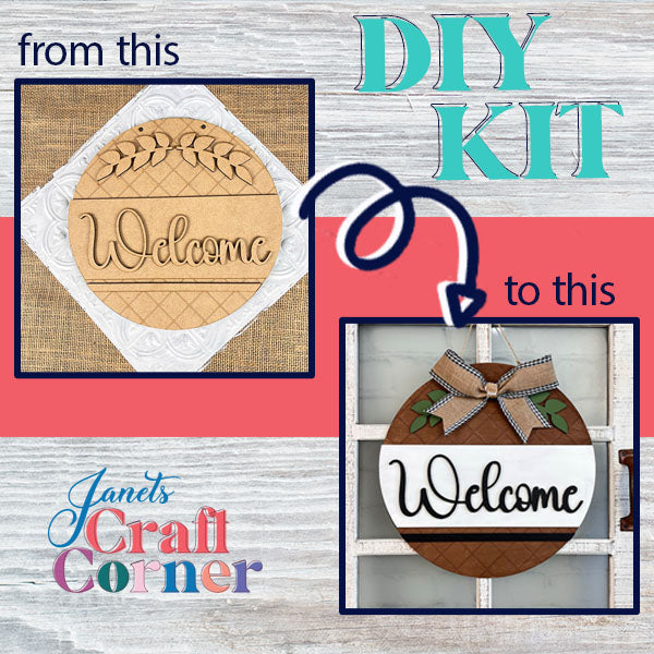 Janet's Craft Corner presents the Welcome Round Door Hanger DIY kit: The left image features a plain wooden circle ready for crafting, while the right image displays a beautifully transformed farmhouse-inspired welcome sign, complete with paint, bow, and decorative accents.